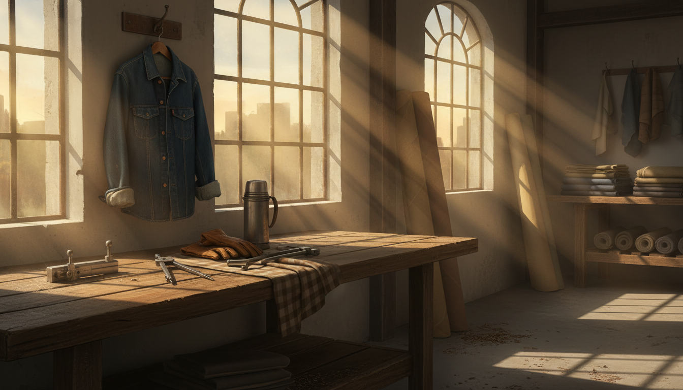Factory floor at dawn with workbench and tools